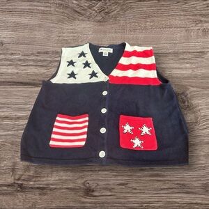 Appleseeds Patriotic Flag Red White Blue Sweater Vest Ramie /Cotton Size XL